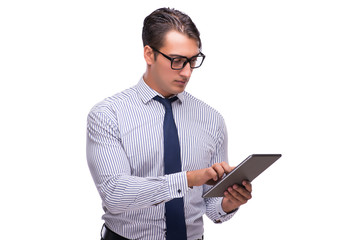 Businessman using his tablet computer isolated on white