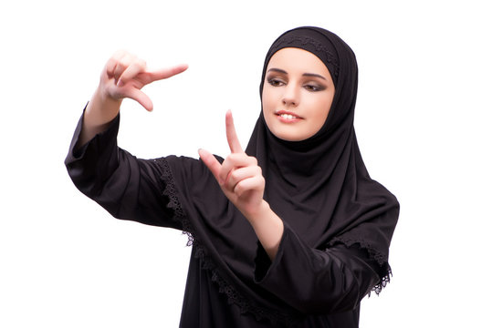 Muslim woman in black dress isolated on white