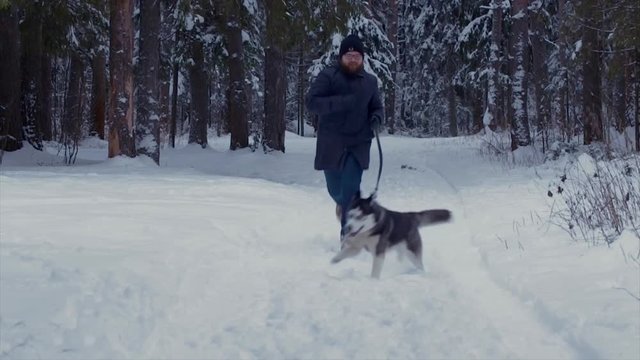 Man runs with the dog Husky in a winter forest towards the camera