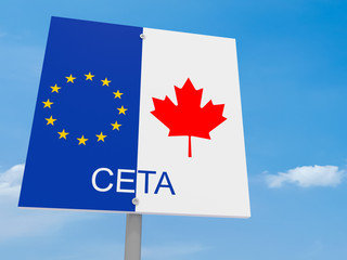 CETA: Canada And EU Flag Road Sign Against A Cloudy Sky, 3d illustration