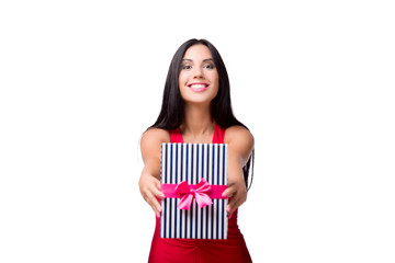 Woman with giftbox isolated on the white background