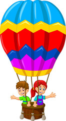 funny two kids cartoon flying in a hot air balloon