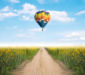 Hot air balloon over dirt road into yellow flower fields with fog