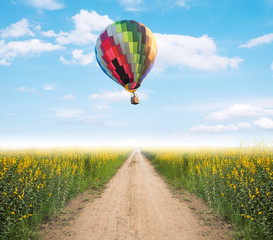 Hot air balloon over dirt road into yellow flower fields with fog