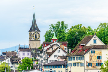 Fototapeta premium View of historic Zurich city center on a cloudy day in summer, Canton of Zurich, Switzerland.