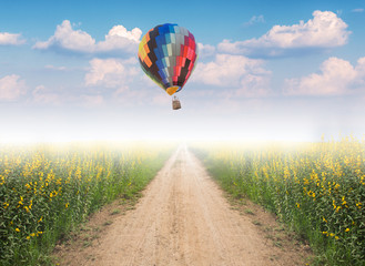 Hot air balloon over dirt road into yellow flower fields with fog