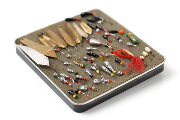 Set of lures for ice fishing, isolated