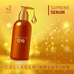 Gold realistic cosmetic tube poster with collagen solution cream or essence on  background vector illustration