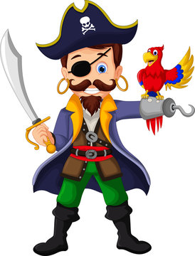 Cartoon pirate and parrots