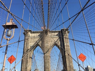Brooklyn bridge and cable with blue sky, New York