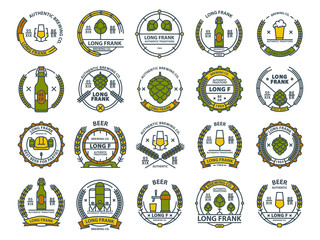 Outline colorful vector beer emblems, symbols, icons, pub labels, badges collection.