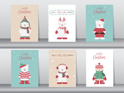 Set of cute Merry christmas  background with cute bear and winter clothes, Vector illustrations