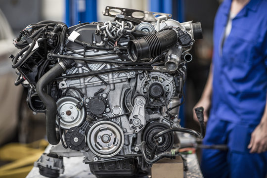 Car engine in a workshop