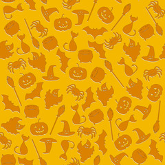 Seamless pattern background with Halloween characters in orange colors. Cat, bat, pumpkin, spider, pot, hat, broom, ghost.  Vector illustration.