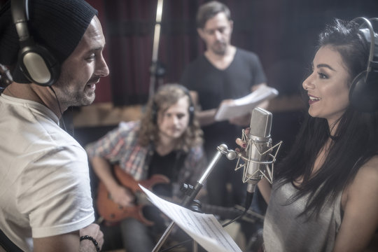 Band rehearsal in recording studio