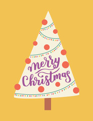 Vector greeting card with christmas tree on yellow background and hand written lettering Merry christmas.