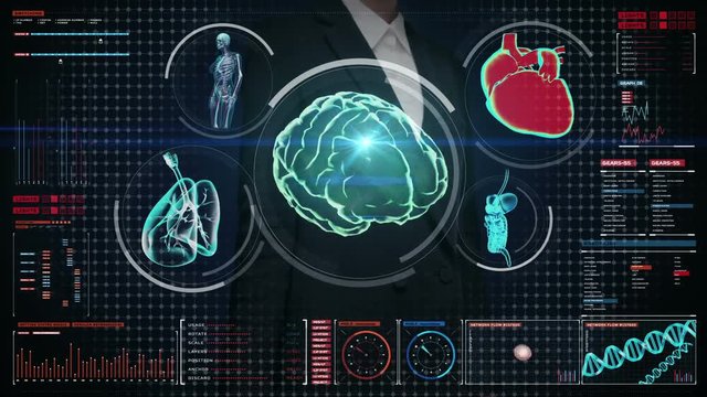 Businesswoman touching digital screen, Scanning brain, heart, lungs, internal organs in digital display dashboard. X-ray view.