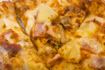 closeup seafood and hawaiian pizza