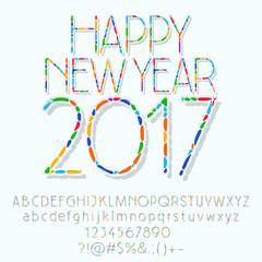 Vector mosaic Happy New Year 2017 greeting card with set of letters, symbols and numbers