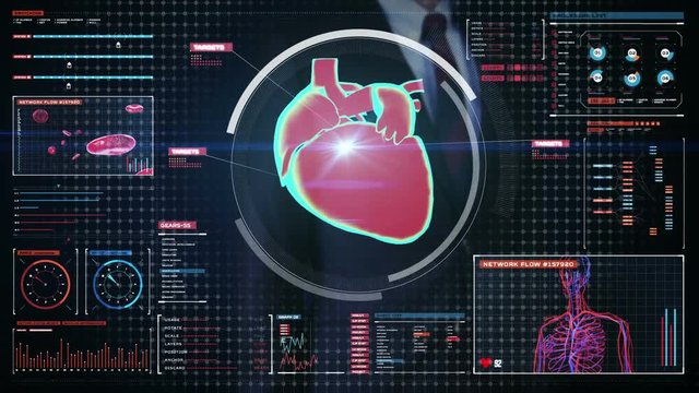 Businessman touching digital screen, scanning heart. Human cardiovascular system. medical technology.