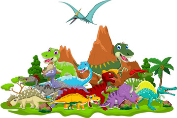 Naklejka premium Dinosaur cartoon with landscape background