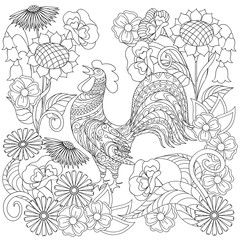 Fototapeta na wymiar Hand drawn decorated rooster into flowers in ethnic style