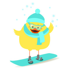 Chicken snowboarder. Chicken sportsman in winter clothes. Vector