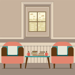 Two Sofas With Hot Coffee Cup And Books On Table Vector Illustration