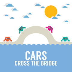 Cars Cross The Bridge Over The River Vector Illustration
