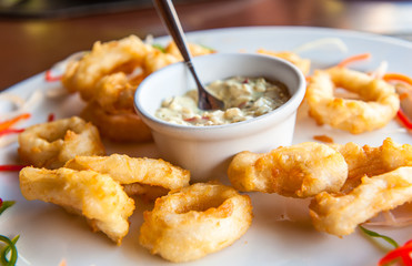 Deep fried calamari rings with sauce bowl