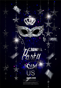 Carnival party invitation card with garlands, sparkling mask and confetti