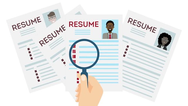 african american man Job interview and recruitment business concept, holding resume and magnifying glass, girl cv Loop with alpha channel
