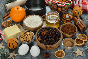 Ingredients to bake traditional Christmas fruit cake