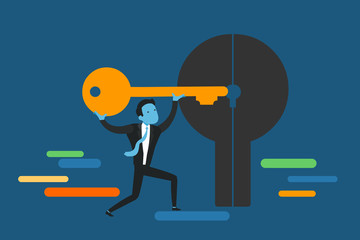 Businessman with the key open the door to next step. business concept. flat character design. vector illustration