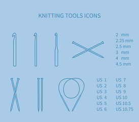Knitting tool icon set. Minimalism, neat outlines.
