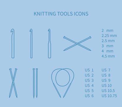 Knitting tool icon set. Minimalism, neat outlines.