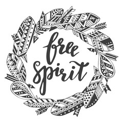 Handwritten quote free spirit with feathers and arrows