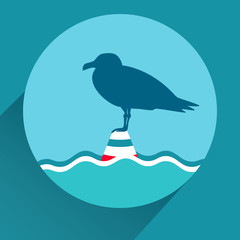 Seagull on a sea buoy. Blue flat icon for mobile app design. Long shadow. Vector EPS10 illustration.