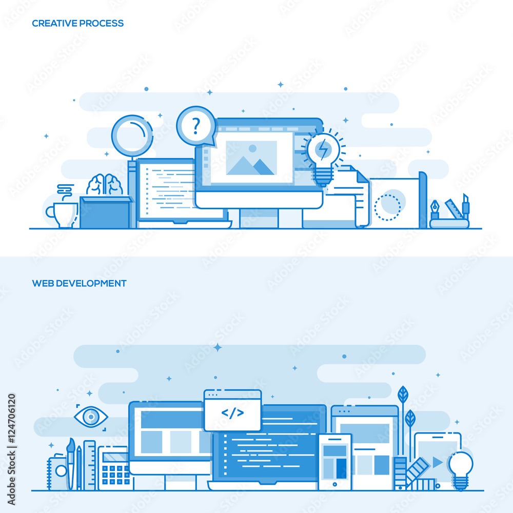Wall mural flat line color concept- creative process and web development