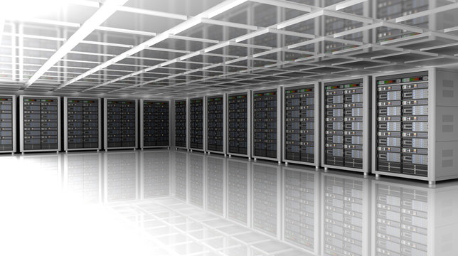 Modern interior of server room in datacenter, 3D illustration