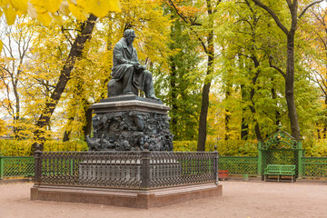 The monument to Ivan Krylov by sculptor Peter Klodt 1855 in Summer Garden (Letniy sad), St. Petersburg