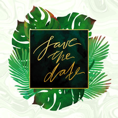 Trendy tropical jungle style vector invitation template. Watercolor paint textured palm-tree leaves on marble background. Natural stone, exotic green plants and emerald velvet textures. - 124706799