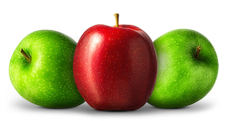 Group of red and green apples on white background.
