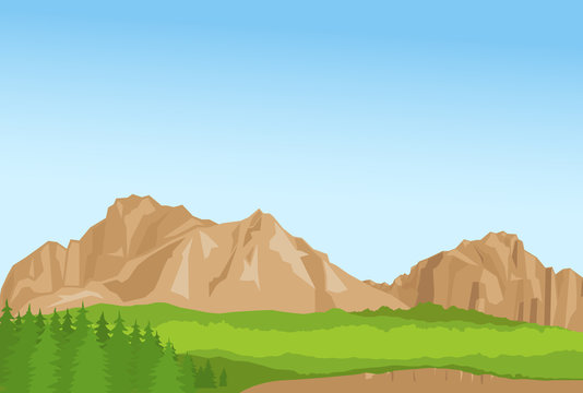 Horizontal wallpaper with realistic summer mountains and florest. Vector illustration