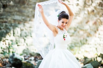 Elegant brunette bride with long veil at the forest