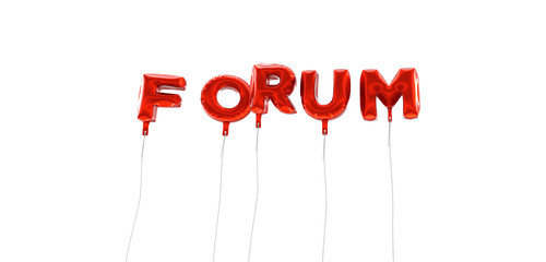 FORUM - word made from red foil balloons - 3D rendered.  Can be used for an online banner ad or a print postcard.