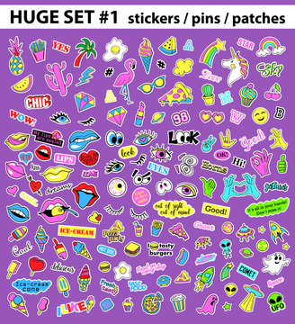 Huge pop art set with fashion patch, badges, stickers, pins, patches, quirky, handwritten notes collection. 80s-90s style. Trend. Vector illustration isolated. Vector clip art