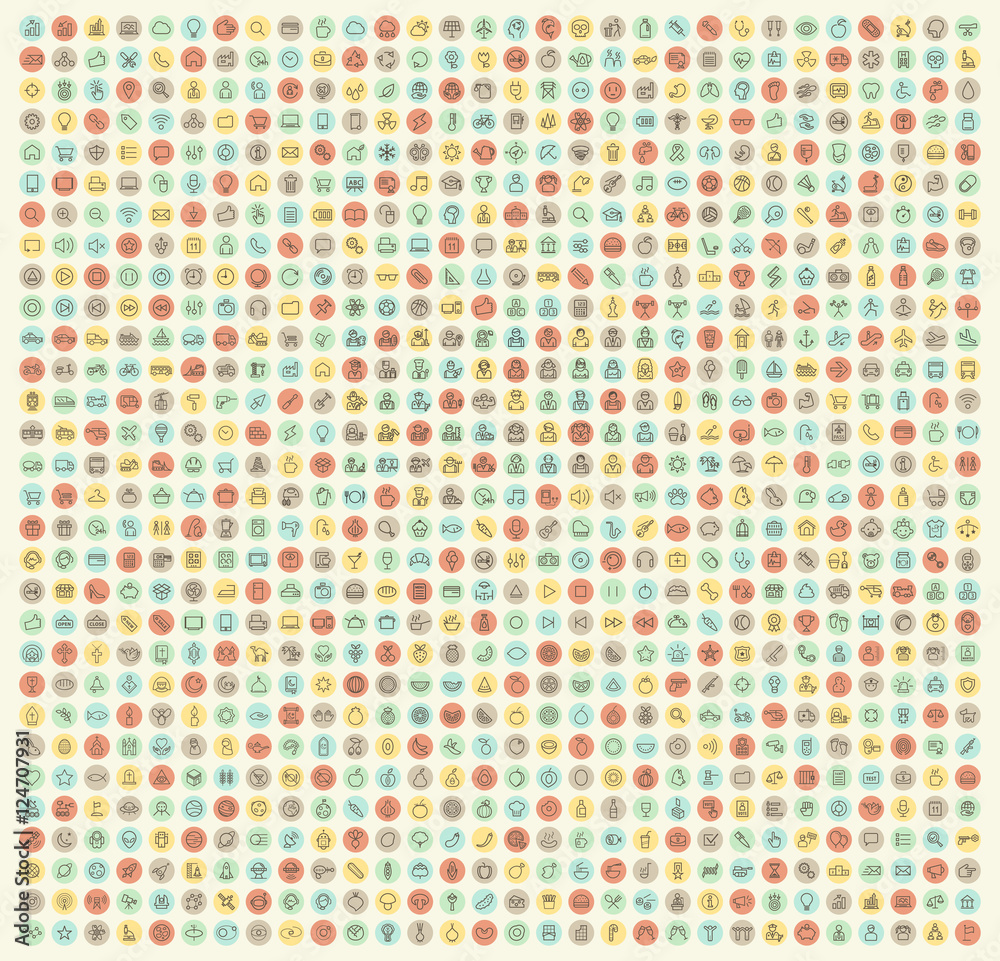 Poster set of 850 isolated universal minimal simple thin line icons on circular color buttons.