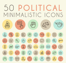 Set of 50 Isolated Universal Minimal Simple Thin Line Political Icons on Circular Color Buttons.