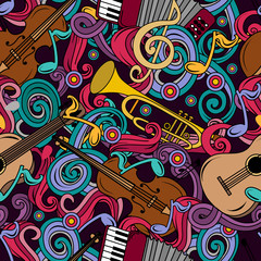 Seamless pattern with Cartoon hand-drawn doodles Musical instruments illustration.